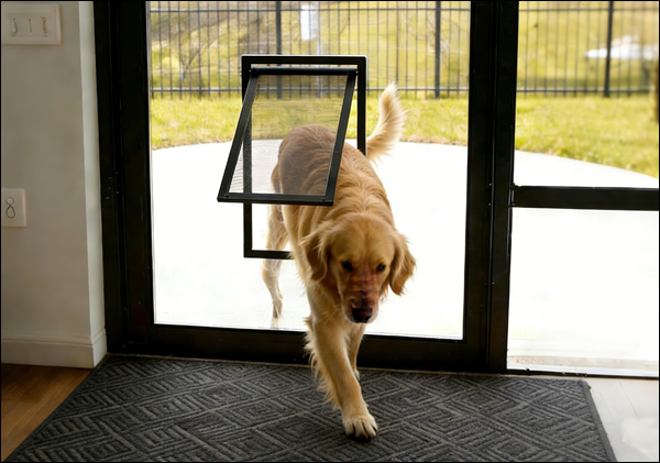 Pet access flap designed for installation in screen doors, windows, and patio screen panels.
